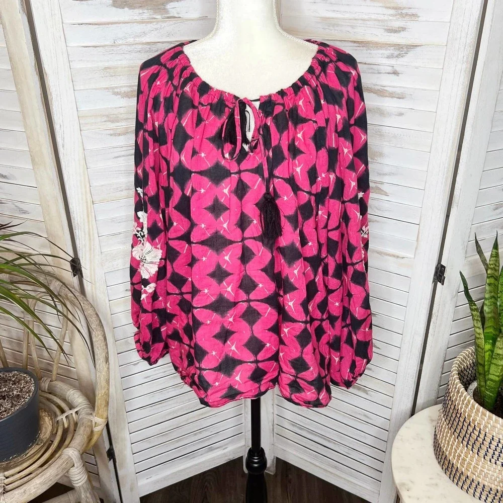 Sundance Women's Hyacinth Batik Print Gauzy Embroidered Top Bright Pink Black L - Picture 14 of 14